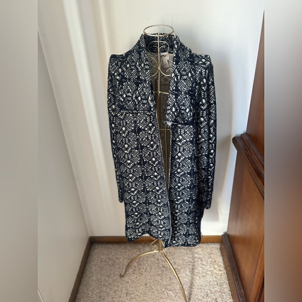 Chico's Open Front Longline Cardigan Navy Cream Geometric Knit Size 1